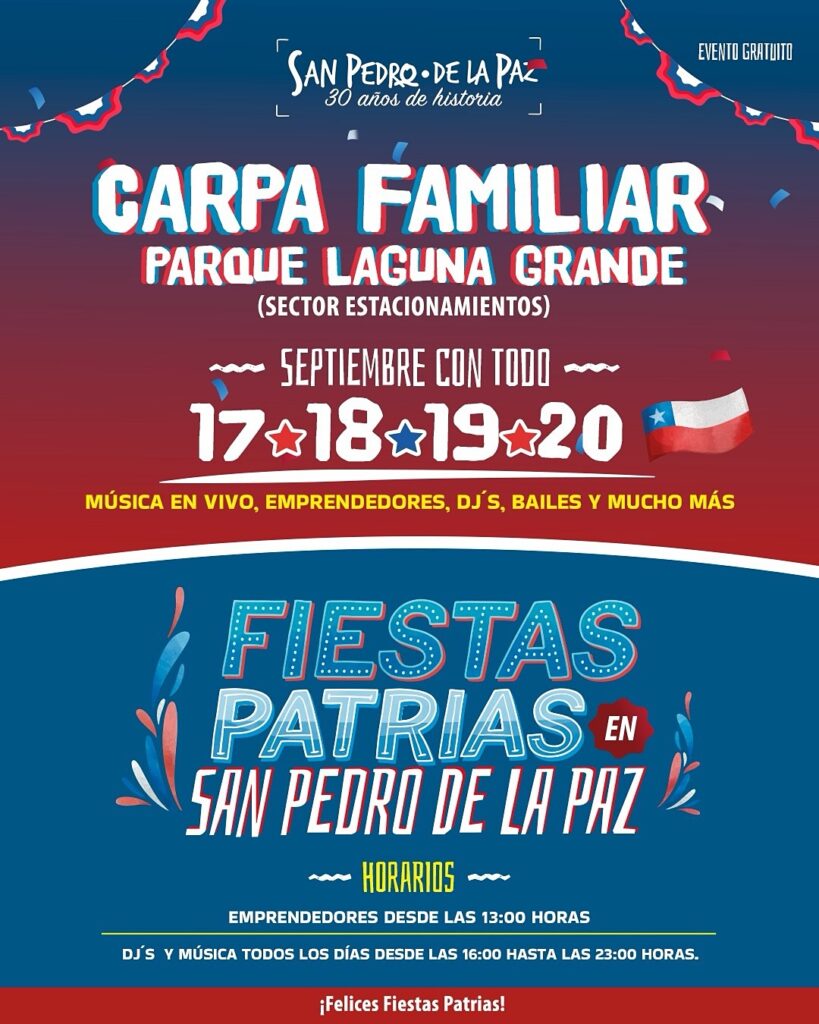 Carpa Familiar San Pedro de la Paz: afiche del evento en el Parque Laguna Grande, con música en vivo, emprendedores y DJ del 17 al 20 de septiembre. 