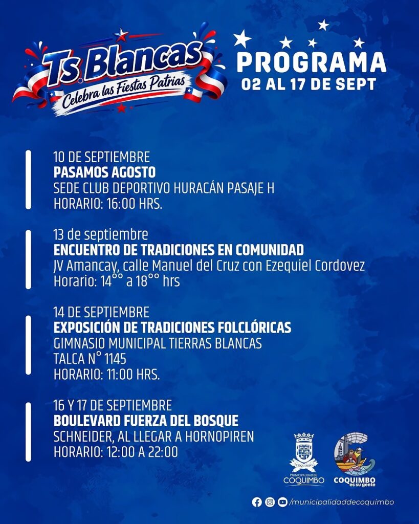 Programa de actividades de Tierras Blancas del 2 al 17 de septiembre, una de las fondas y ramadas en Coquimbo con encuentros comunitarios en Tierras Blancas.