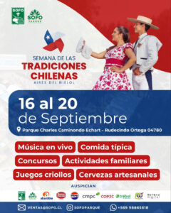 Afiche de la Semana de las Tradiciones Chilenas, en el Parque SOFO de Temuco, del 16 al 20 de septiembre, con música en vivo, comida típica, juegos criollos y actividades familiares.