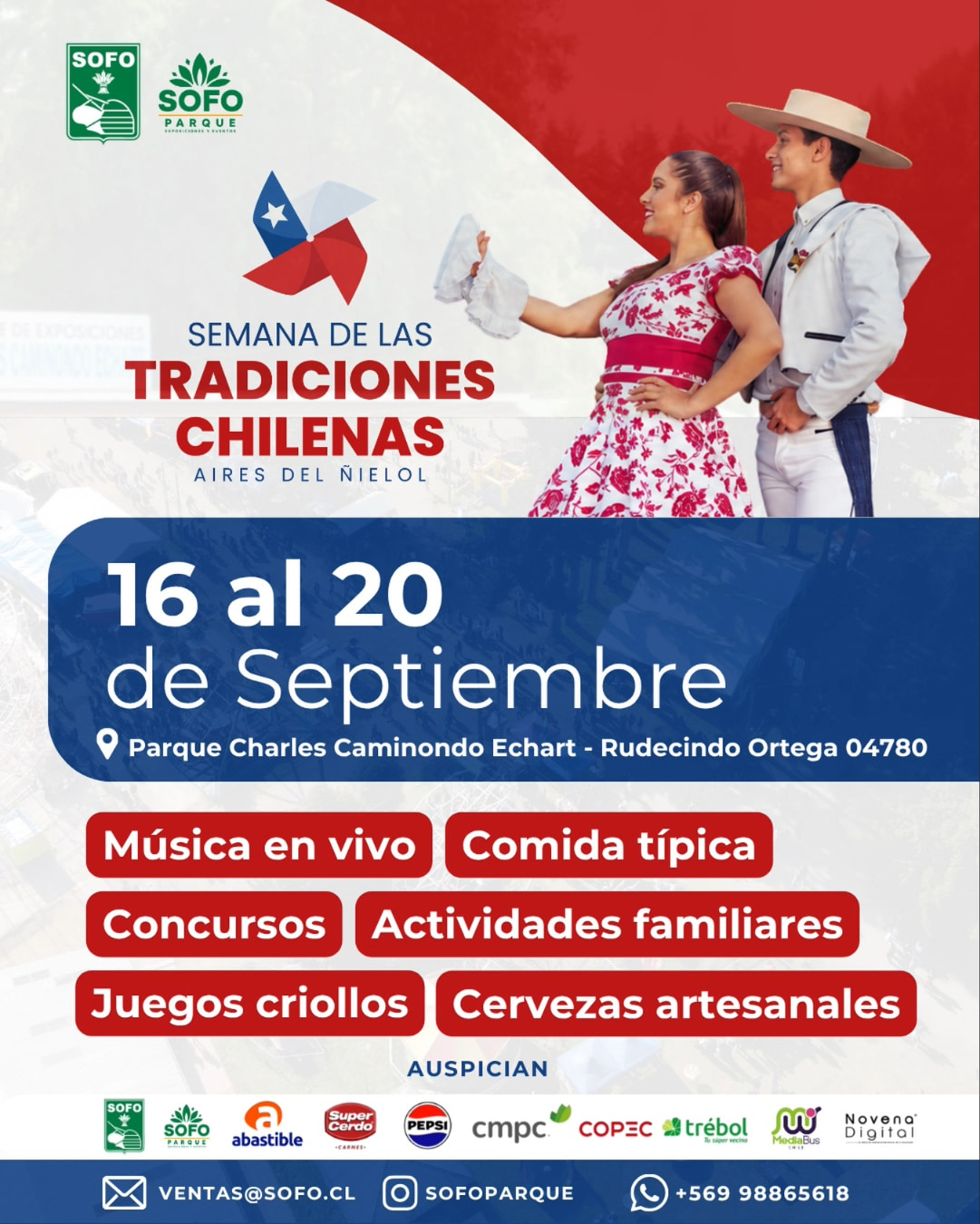 Afiche de la Semana de las Tradiciones Chilenas, en el Parque SOFO de Temuco, del 16 al 20 de septiembre, con música en vivo, comida típica, juegos criollos y actividades familiares.