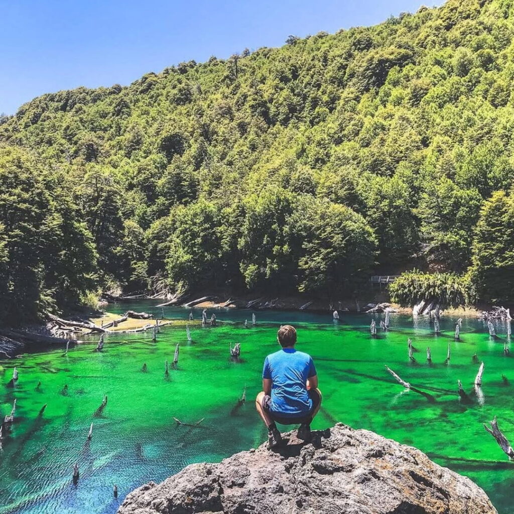 Un visitante contempla desde una roca la Laguna Arcoirís en el Parque Nacional Conguillío, de aguas color esmeralda, con troncos secos emergiendo entre el bosque nativo, cerca de los paisajes volcánicos de Melipeuco.
