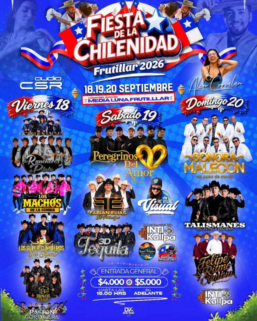 Afiche de la Fiesta de la Chilenidad Frutillar 2026, que se realizará el 18, 19 y 20 de septiembre en la Medialuna de Frutillar, con la programación artística de cada jornada.