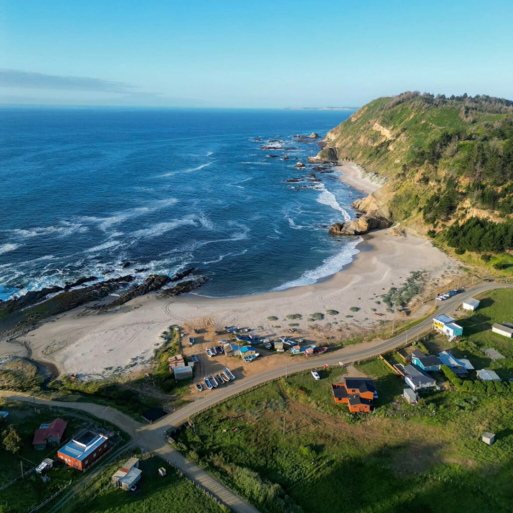 Vista aérea de una pequeña caleta con botes de pescadores junto a una playa de arena dorada y un acantilado boscoso, uno de los tesoros escondidos de Chile en el Biobío.