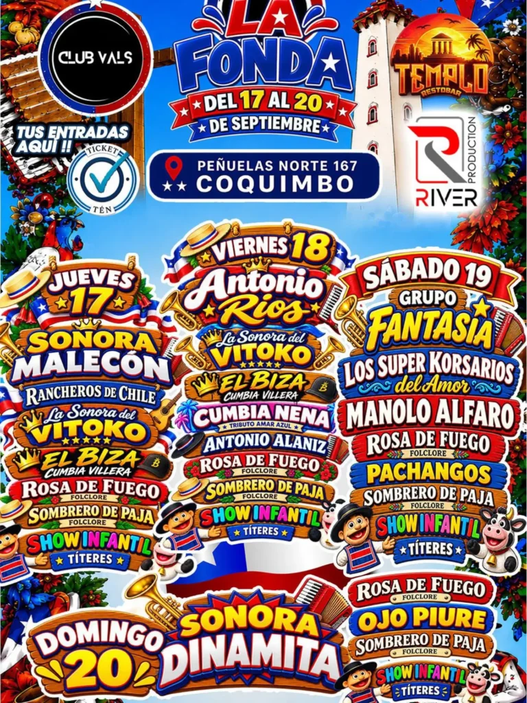 Line up con horarios de artistas como Sonora Malecón, Rancheros de Chile y La Sonora del Vitoko para La Fonda de Coquimbo en Club Vals, del 17 al 20 de septiembre.

