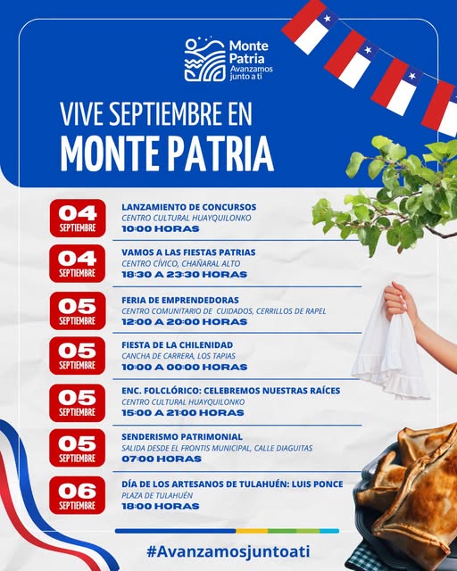 Calendario de actividades Vive Septiembre en Monte Patria.
