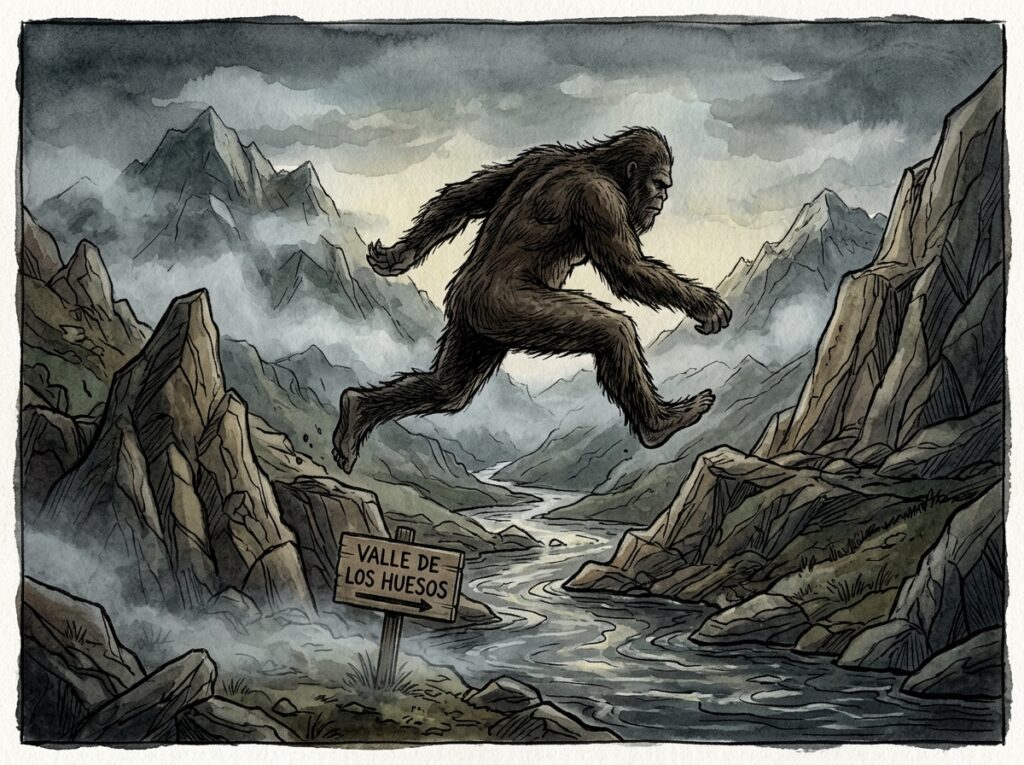Ilustración de una criatura peluda saltando sobre un río en el Valle de los Huesos, cordillera de Rengo, Chile.