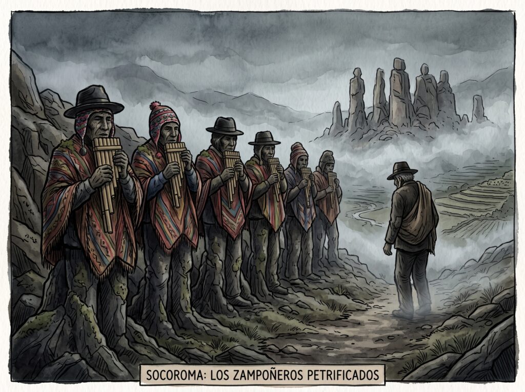  Ilustración de músicos zampoñeros petrificados en el cerro Pusiri Collo, Socoroma, norte de Chile.