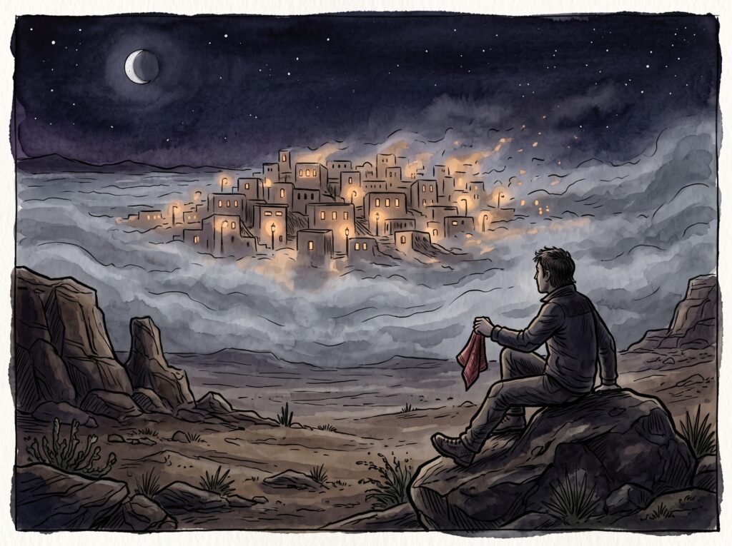 Ilustración de un hombre observando una ciudad fantasma iluminada entre la niebla del desierto de Atacama 