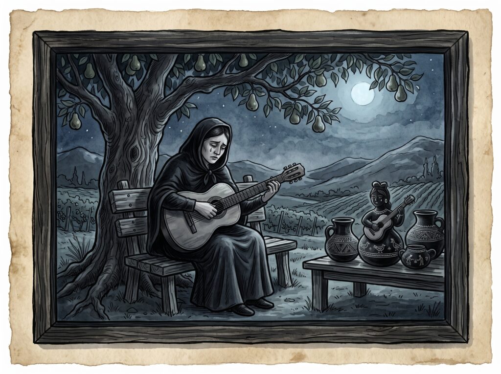  Ilustración de una mujer vestida de negro tocando guitarra bajo un peral, junto a figuras de greda de Quinchamalí 