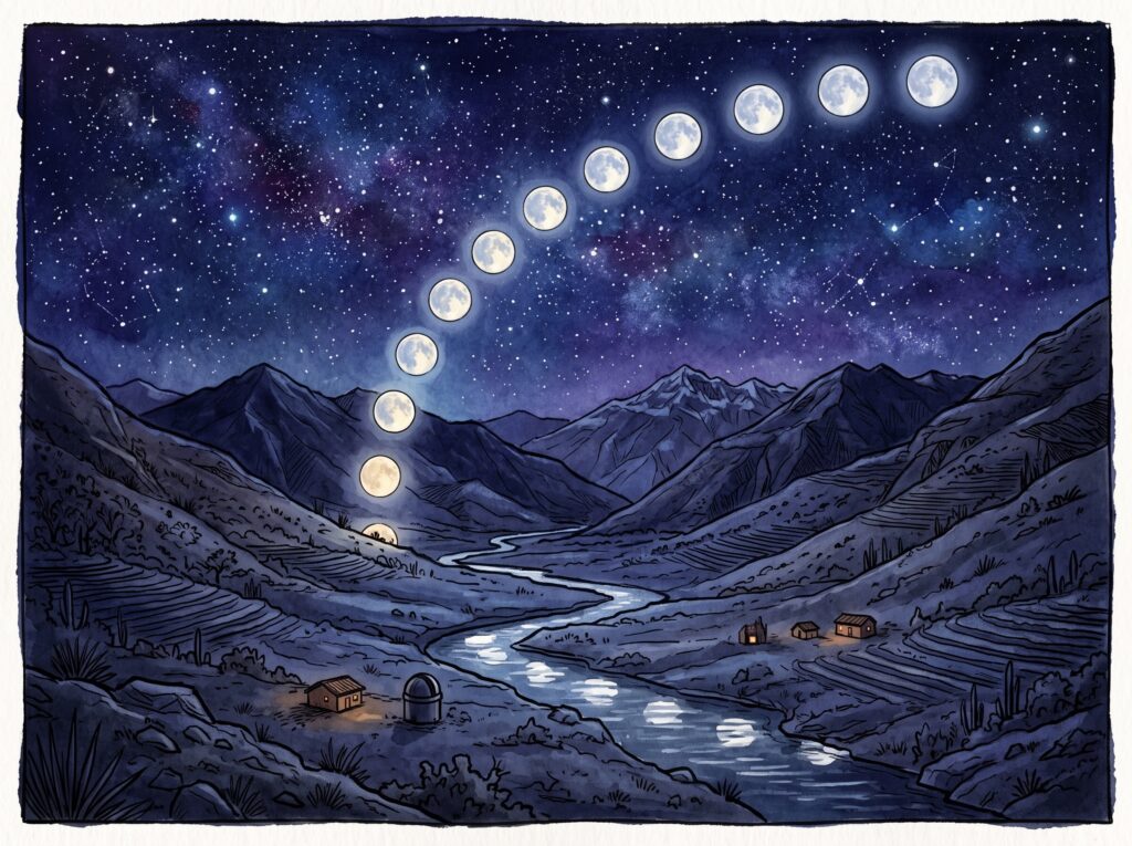  Ilustración de doce lunas ascendiendo sobre el Valle de Elqui y el nacimiento del río, Chile 