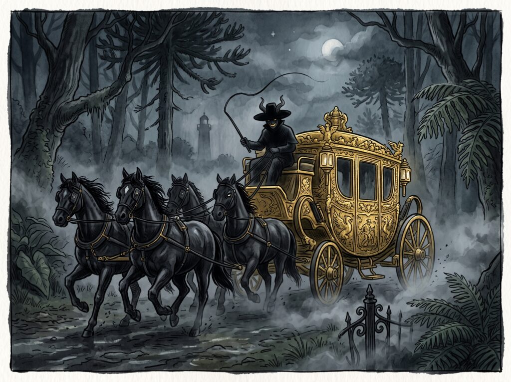 Ilustración de una carroza de oro tirada por seis caballos negros recorriendo el Parque de Lota de noche