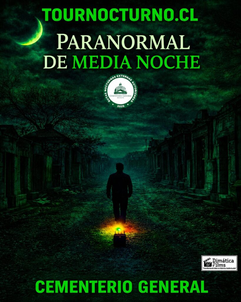 Panoramas para Halloween 2026 en Santiago: afiche del recorrido Paranormal de Media Noche con el cineasta Edson Valdivia entre tumbas antiguas y medidores de campos electromagnéticos.