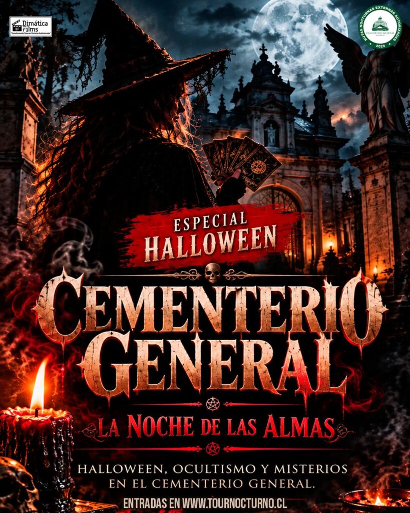 Panoramas para Halloween 2026 en Santiago: afiche del tour especial La Noche de las Almas en el Cementerio General, con siluetas entre mausoleos y ambientación mística nocturna.