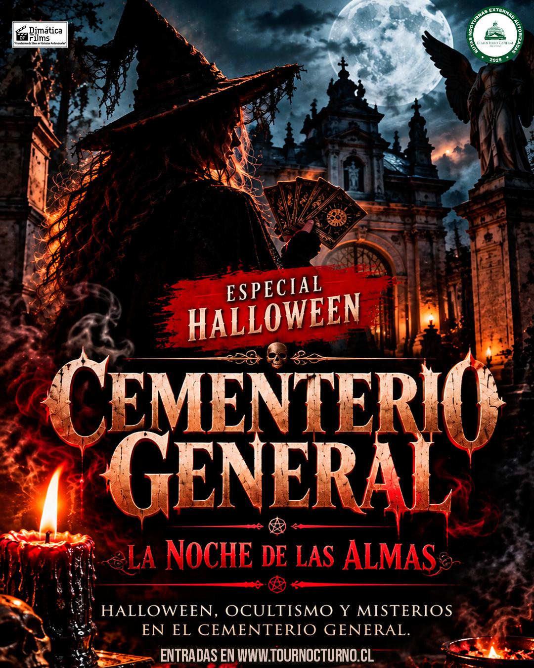 Panoramas para Halloween 2026 en Santiago: afiche del tour especial La Noche de las Almas en el Cementerio General, con siluetas entre mausoleos y ambientación mística nocturna.