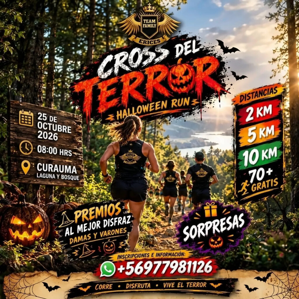  Afiche del Cross del Terror Halloween Run en la laguna y el bosque de Curauma el 25 de octubre de 2026, con distancias de 2, 5 y 10 km y premios al mejor disfraz, una escapada para quienes buscan alternativas a los panoramas para Halloween 2026 