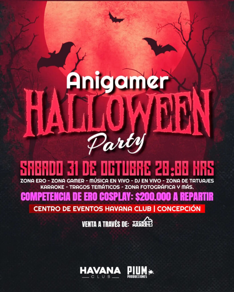 afiche de AniGamer Halloween Party, con luna roja, murciélagos y árboles secos, el sábado 31 de octubre en el Centro de Eventos Havana Club