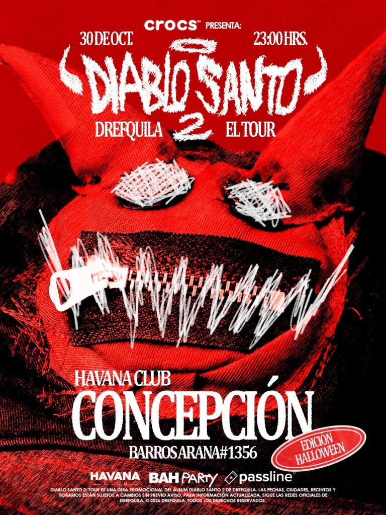 afiche rojo de Diablo Santo 2, el tour de DrefQuila, con un muñeco de diablo con cuernos y boca de cierre, el 30 de octubre en Club Havana