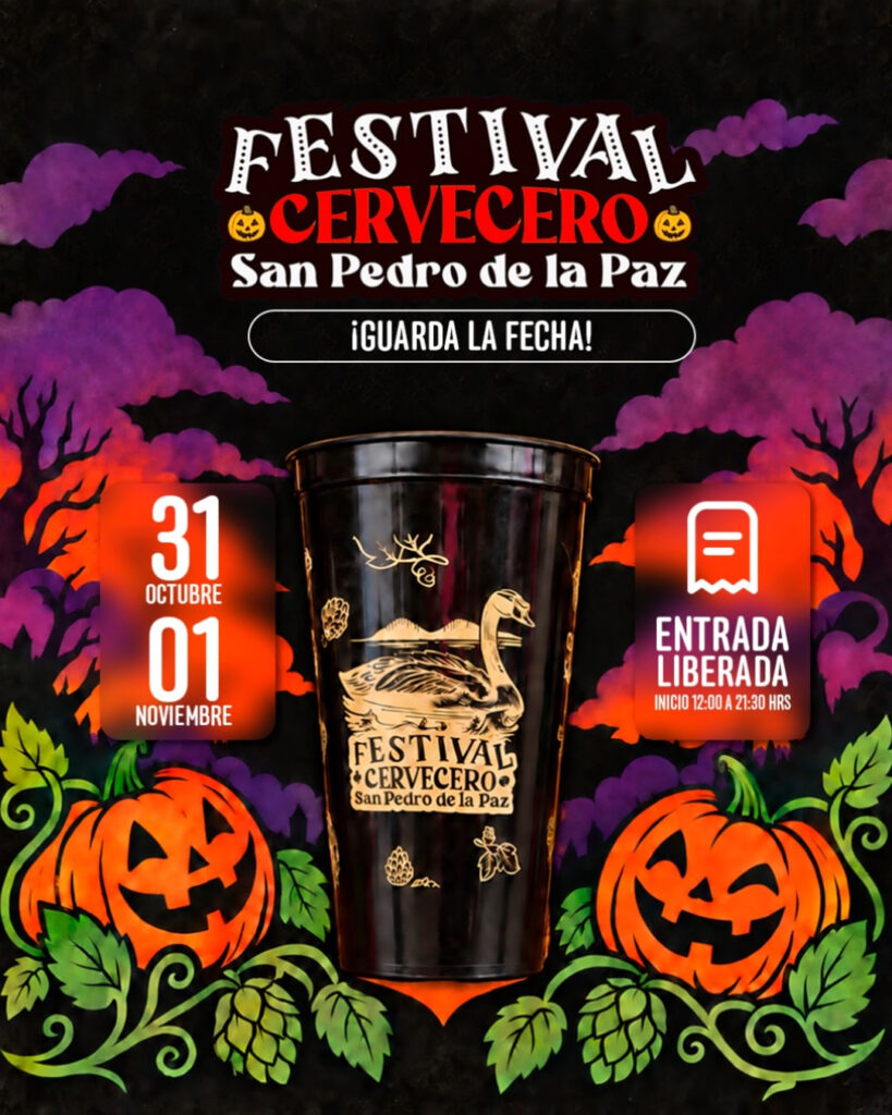 afiche del Festival Cervecero de San Pedro de la Paz, con un vaso negro con un cisne, calabazas sonrientes, lúpulo y entrada liberada el 31 de octubre y 1 de noviembre