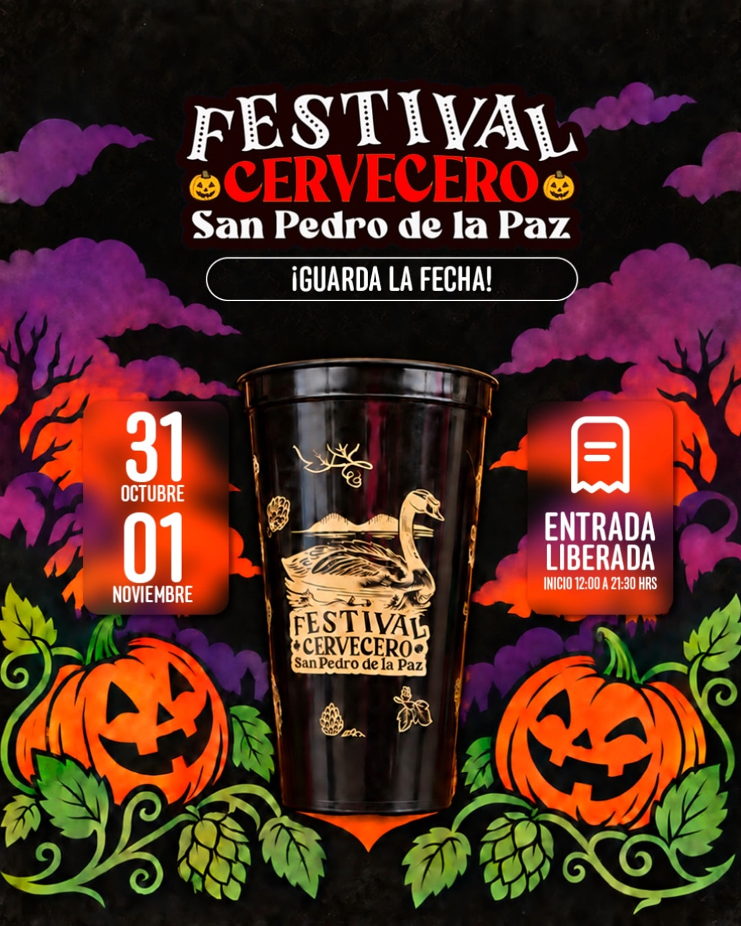 afiche del Festival Cervecero de San Pedro de la Paz, con un vaso negro con un cisne, calabazas sonrientes, lúpulo y entrada liberada el 31 de octubre y 1 de noviembre