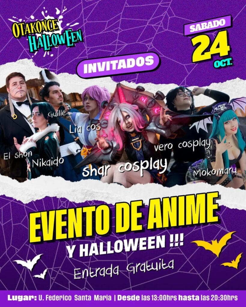 afiche de Otakonce Halloween, evento de anime con entrada gratuita el sábado 24 de octubre, con siete cosplayers invitados sobre fondo morado con telarañas y murciélagos