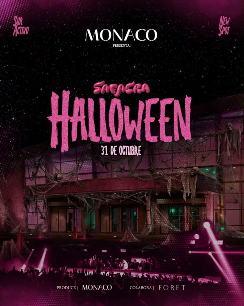 afiche de Safaera Halloween del 31 de octubre en SurActivo, con el edificio decorado con telarañas y calaveras, luces rosadas y público bailando
