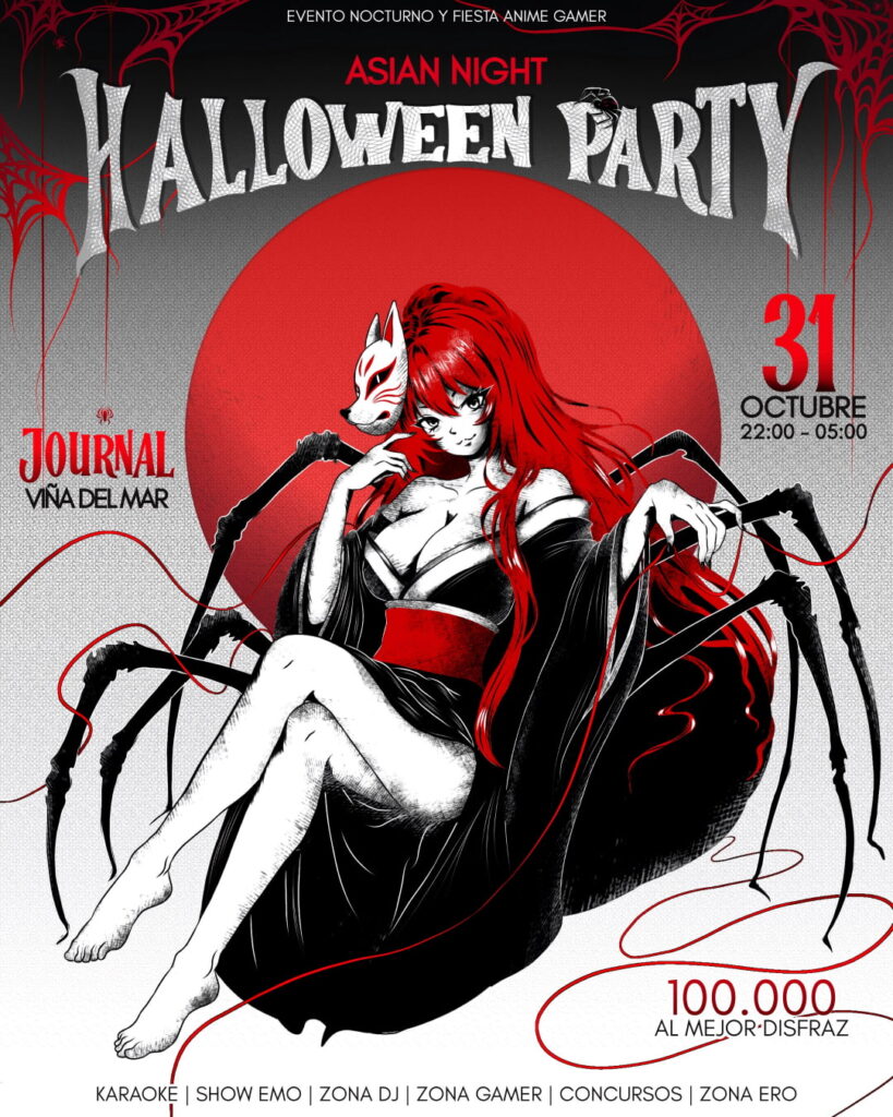 afiche de Asian Night Halloween Party en Journal Viña del Mar, con una ilustración anime de una mujer con máscara de zorro y patas de araña sobre un sol rojo, el 31 de octubre