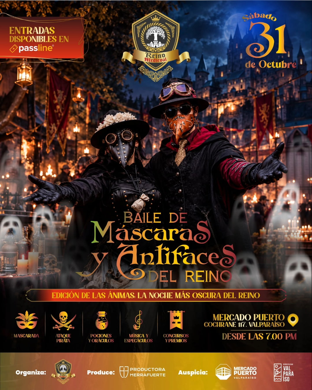 afiche del Baile de Máscaras y Antifaces del Reino, con dos personas con máscaras de pico de médico de la peste, un castillo medieval, farolillos y fantasmas, el 31 de octubre en el Mercado Puerto
