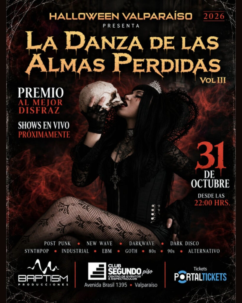 afiche de La Danza de las Almas Perdidas Vol. III, con una mujer de estética gótica con corona sosteniendo un cráneo, el 31 de octubre en el Club Segundo Piso