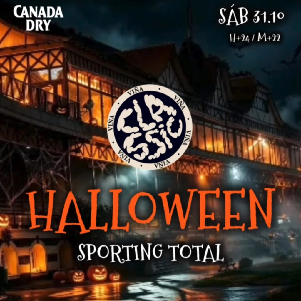 afiche de Viña Classic Halloween Sporting Total, con el edificio del Sporting Club iluminado de noche, telarañas, calabazas y el sábado 31 de octubre