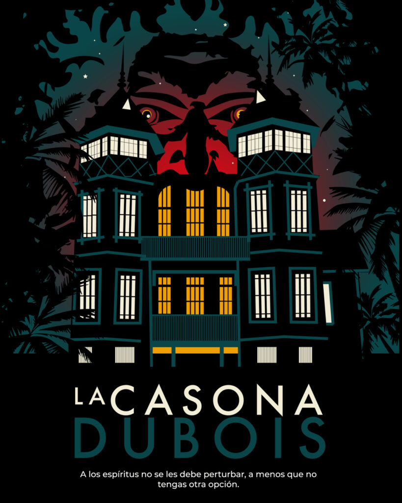 Afiche de La Casona Dubois, un escape room de terror que es uno de los panoramas para Halloween 2026 en Santiago, con la ilustración de una casona antigua de ventanas iluminadas entre palmeras y un rostro rojo de mirada amenazante en el cielo nocturno. 
