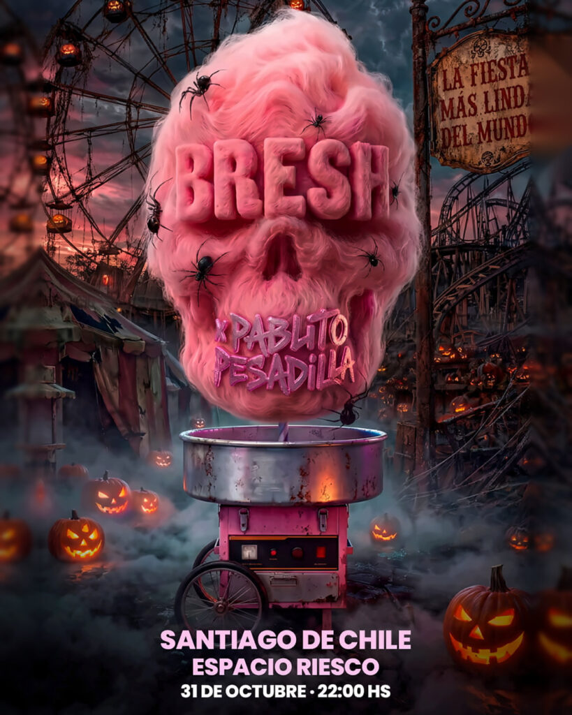 Panoramas para Halloween 2026 en Santiago: afiche de la fiesta Bresh con Pablito Pesadilla en Espacio Riesco, el 31 de octubre a las 22:00 horas, con una calavera de algodón de azúcar rosado sobre un parque de diversiones embrujado con calabazas. 