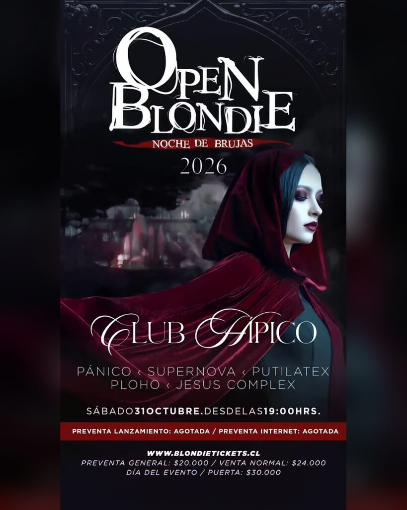 Panoramas para Halloween 2026 en Santiago: afiche de la fiesta Open Blondie Noche de Brujas en el Club Hípico, el sábado 31 de octubre, con una mujer de capa roja de terciopelo sobre un fondo gótico.
