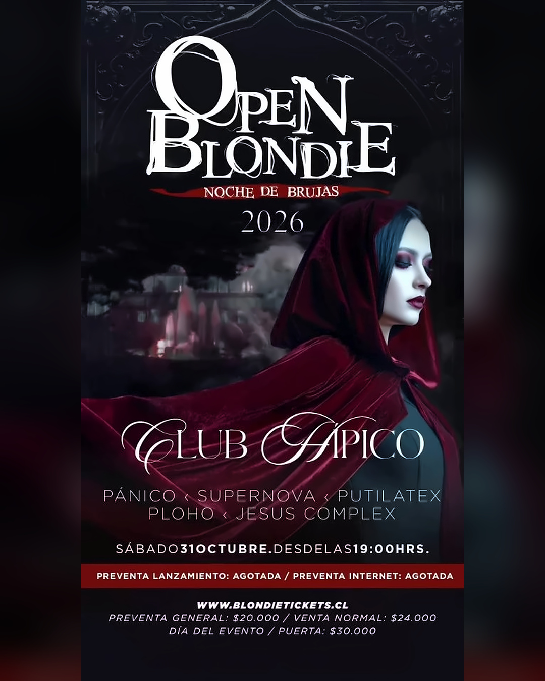 Panoramas para Halloween 2026 en Santiago: afiche de la fiesta Open Blondie Noche de Brujas en el Club Hípico, el sábado 31 de octubre, con una mujer de capa roja de terciopelo sobre un fondo gótico.