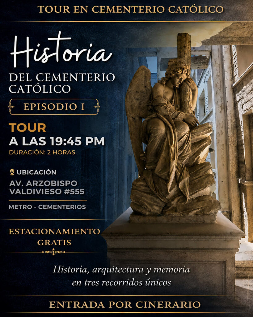 Panoramas para Halloween 2026 en Santiago: afiche del tour nocturno Historia del Cementerio Católico, Episodio I, a las 19:45 horas en Av. Arzobispo Valdivieso 555, con una escultura de ángel con cruz entre mausoleos. 