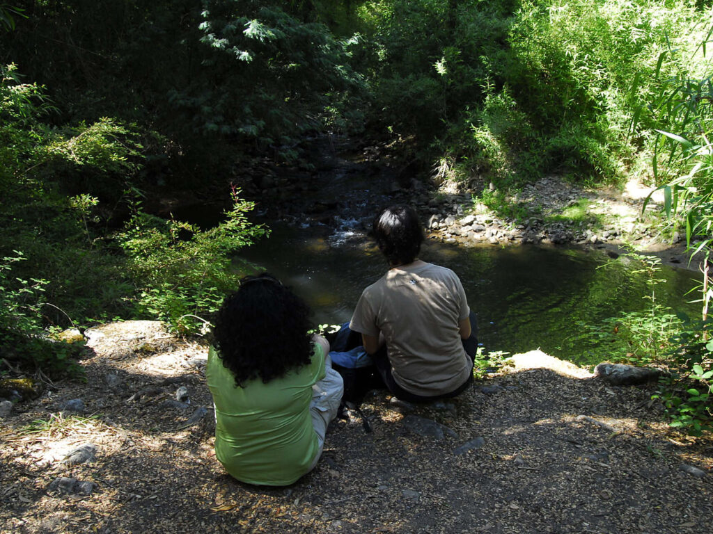 Dos visitantes sentados de espaldas en la orilla del estero Nonguén, mirando el agua rodeada de bosque nativo. Es un momento de descanso en un sendero del Parque Nacional Nonguén, región del Biobío.